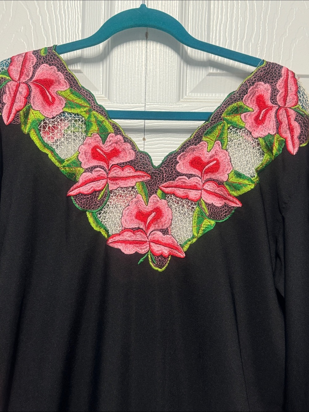Black Midi Dress with Pink Floral Embroidered Accents - Picture 3 of 8